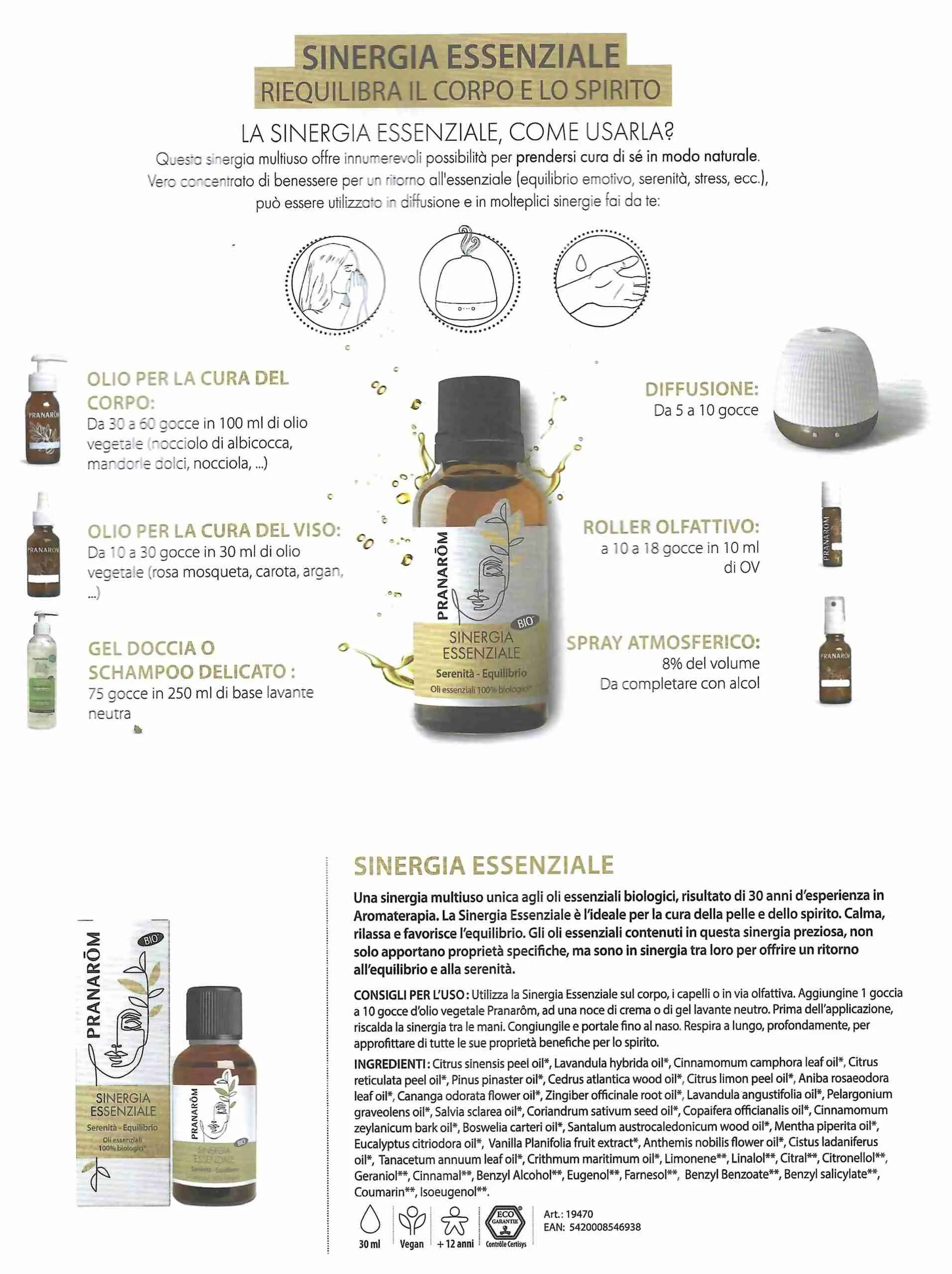 Sinergia Essenziale Pranarom serenità ed equilibrio MULTIUSO: 1) Miscela per lampade ad ultrasuoni e diffusori di oli essenziali 2) Cura di Viso, Corpo e Capelli 3) Gel Doccia Shampoo 4) Roller/Roll-On Olfattivo 5) Spray Atmosferico per Ambienti – Biologico 30ml - immagine 5