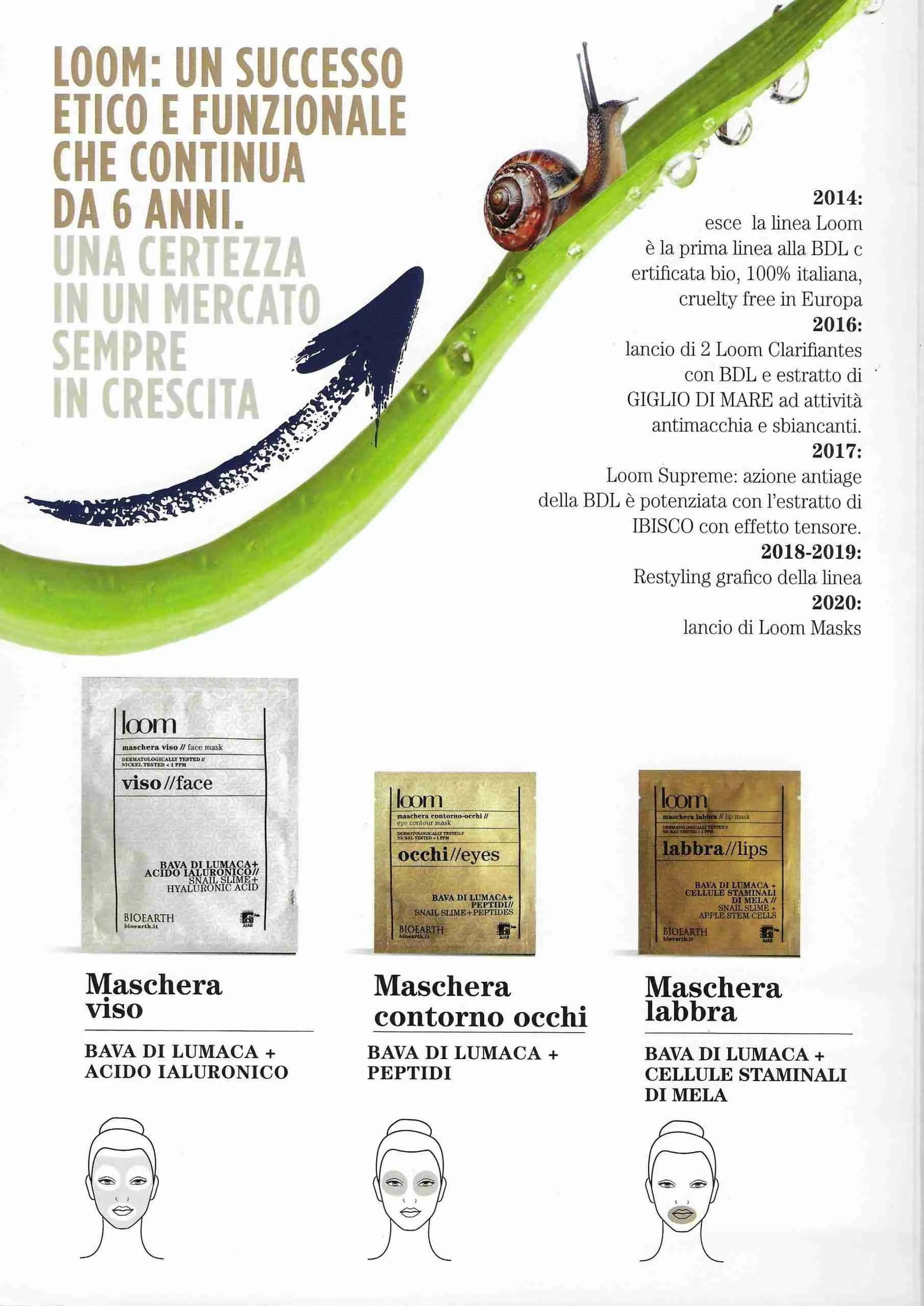 Loom Maschera Viso Bioearth monouso alla Bava di Lumaca e Acido Ialuronico (idratante, antirughe, illuminante, cicatrizzante e schiarente macchie cutanee) Biologica 15ml - immagine 4